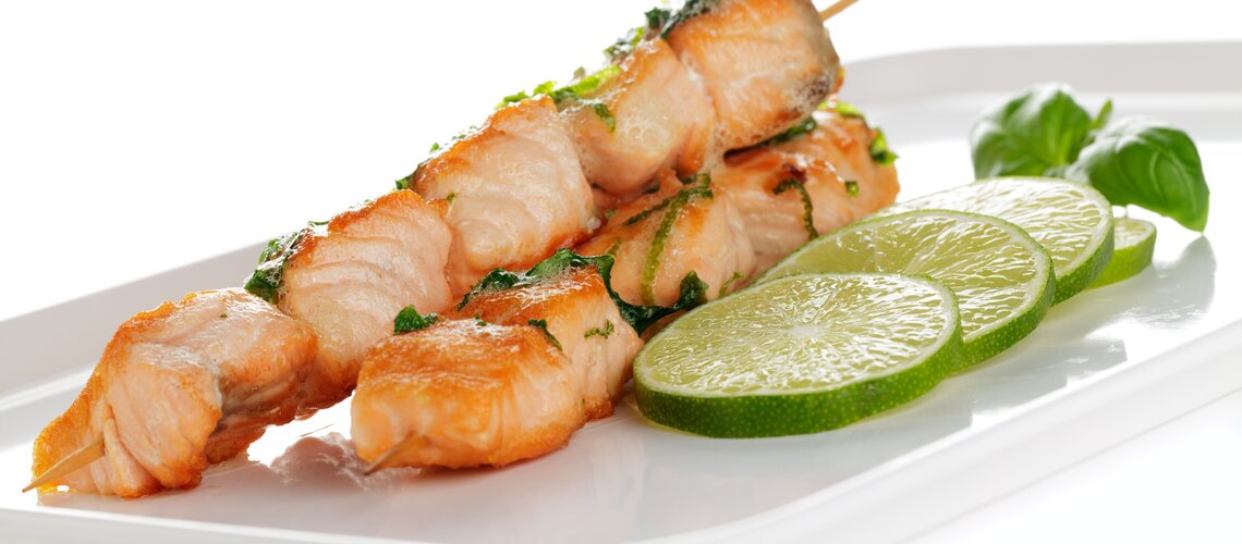grilled salmon cubes in honey-lime marinade